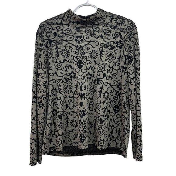 Tops - Conrad C Womens Collection Gray Black Floral Design Velvet High Neck LS Top​​​​​